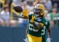 Green Bay Packers cornerback Keisean Nixon (25) catches a pass during practice at the team's NFL football training camp, Thursday, July 30, 2026, in Green Bay, Wis. (AP Photo/Matt Ludtke)