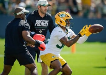 Green Bay Packers running back Marshawn Lloyd (32) runs a drill during practice at the team's NFL football training camp, Wednesday, July 29, 2026, in Green Bay, Wis. (AP Photo/Matt Ludtke, File)