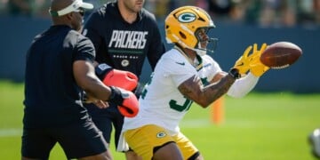 Green Bay Packers running back Marshawn Lloyd (32) runs a drill during practice at the team's NFL football training camp, Wednesday, July 29, 2026, in Green Bay, Wis. (AP Photo/Matt Ludtke, File)