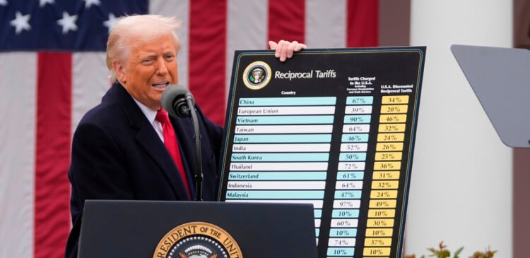 FILE - President Donald Trump speaks during an event to announce new tariffs in the Rose Garden at the White House on April 2, 2025, in Washington. (AP Photo/Mark Schiefelbein, File)