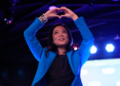 Democratic gubernatorial candidate Francesca Hong makes a heart gesture to supporters after speaking during a primary election night watch party Tuesday, Aug. 11, 2026, in Madison, Wis. (AP Photo/Nam Y. Huh)