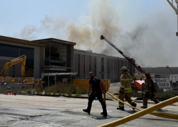 Firefighters on scene at a fire at the new West Allis Public Works building under construction on August 20, 2026. Photo courtesy: Nazir Spencer.