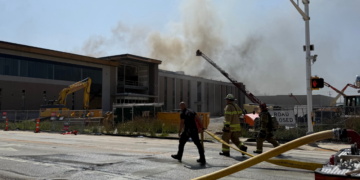 Firefighters on scene at a fire at the new West Allis Public Works building under construction on August 20, 2026. Photo courtesy: Nazir Spencer.