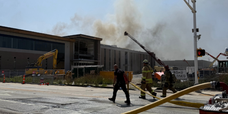 Firefighters on scene at a fire at the new West Allis Public Works building under construction on August 20, 2026. Photo courtesy: Nazir Spencer.