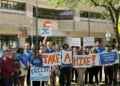 Wisconsin Conservation Voters gathered outside the We Energies office in downtown Milwaukee on Monday, Aug. 24, 2026, to oppose the utility company's current rate proposal for 2027 and 2028. (Neil Doyle/WTMJ)