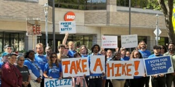 Wisconsin Conservation Voters gathered outside the We Energies office in downtown Milwaukee on Monday, Aug. 24, 2026, to oppose the utility company's current rate proposal for 2027 and 2028. (Neil Doyle/WTMJ)