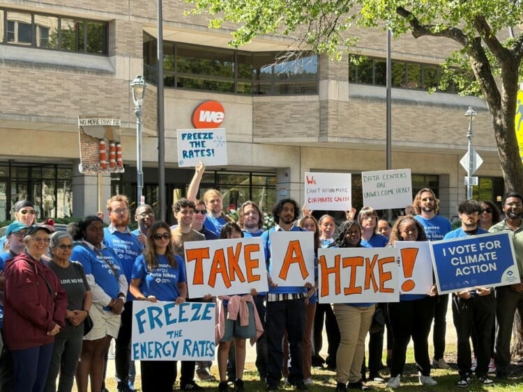 Wisconsin Conservation Voters gathered outside the We Energies office in downtown Milwaukee on Monday, Aug. 24, 2026, to oppose the utility company's current rate proposal for 2027 and 2028. (Neil Doyle/WTMJ)