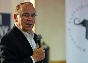 FILE - Republican gubernatorial candidate Tom Tiffany talks to supporters during a campaign event, July 29, 2026, in Kenosha, WI. (AP Photo/Nam Y. Huh, File)