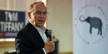 FILE - Republican gubernatorial candidate Tom Tiffany talks to supporters during a campaign event, July 29, 2026, in Kenosha, WI. (AP Photo/Nam Y. Huh, File)