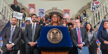 New York Attorney General Letitia James speaks during an announcement of a lawsuit filed by New York and 21 other states challenging the federal government's new public charge rule, on Monday, Sept. 14, 2026, in New York. (AP Photo/Ryan Murphy)