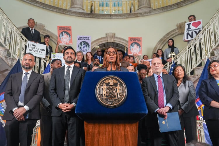 New York Attorney General Letitia James speaks during an announcement of a lawsuit filed by New York and 21 other states challenging the federal government's new public charge rule, on Monday, Sept. 14, 2026, in New York. (AP Photo/Ryan Murphy)