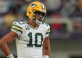 Green Bay Packers quarterback Jordan Love (10) stands on the field during the second half of an NFL football game against the Minnesota Vikings Sunday, Sept. 13, 2026, in Minneapolis. (AP Photo/Abbie Parr)