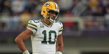 Green Bay Packers quarterback Jordan Love (10) stands on the field during the second half of an NFL football game against the Minnesota Vikings Sunday, Sept. 13, 2026, in Minneapolis. (AP Photo/Abbie Parr)