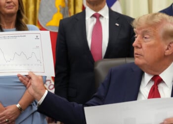 President Donald Trump holds up a chart as Arkansas Gov. Sarah Huckabee Sanders, from left, Mehmet Oz, administrator of the Centers for Medicare & Medicaid Services, and Health and Human Services Secretary Robert F. Kennedy Jr. listen during an event about healthcare in the Oval Office of the White House, Friday Sept. 18, 2026, in Washington. (AP Photo/Jacquelyn Martin)