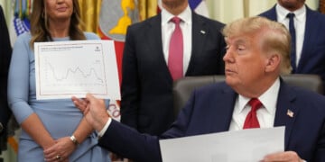 President Donald Trump holds up a chart as Arkansas Gov. Sarah Huckabee Sanders, from left, Mehmet Oz, administrator of the Centers for Medicare & Medicaid Services, and Health and Human Services Secretary Robert F. Kennedy Jr. listen during an event about healthcare in the Oval Office of the White House, Friday Sept. 18, 2026, in Washington. (AP Photo/Jacquelyn Martin)