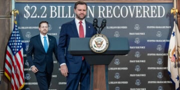 Vice President JD Vance arrives for a news conference, followed by Federal Trade Commission (FTC) Chairman Andrew Ferguson, in the South Court Auditorium in the Eisenhower Executive Office Building on the White House campus, Tuesday, Sept. 22, 2026, in Washington. (AP Photo/Alex Brandon)