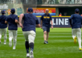 Milwaukee Brewers players warmup on the field ahead of their NLDS postseason practice, September 29, 2026 (Photo: Elisabeth Montemurro)