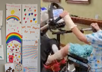 Left: Cards from students supporting Shirley Right: Shirley works to recover (Photos: MacGillis Law Group)