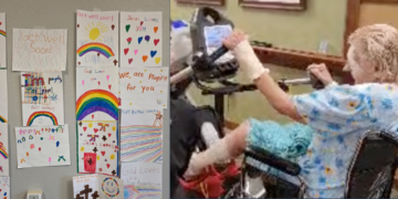 Left: Cards from students supporting Shirley Right: Shirley works to recover (Photos: MacGillis Law Group)