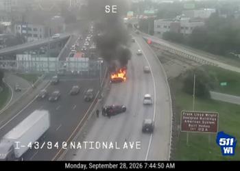 I-43/94 South at Ramp from 9th/Mineral St. The 2 left lanes are blocked due to a fiery crash. 9-28-26