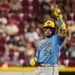 William Contreras celebrates a double at second base at Great American Ballpark.