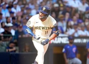 Jackson Chourio celebrates hitting a go-ahead single against the Cubs at American Family Field.
