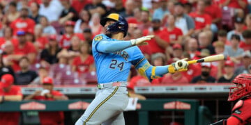 William Contreras swings at a pitch at Great American Ballpark in Cincinnati.