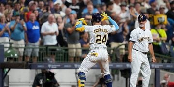 William Contreras celebrates after hitting a home run at American Family Field.
