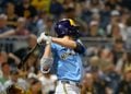 Christian Yelich swings the bat at PNC Park in Pittsburgh.