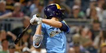 Christian Yelich swings the bat at PNC Park in Pittsburgh.