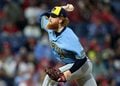 Dustin May throws a pitch at Citizens Bank Park in Philadelphia.