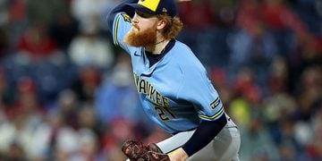 Dustin May throws a pitch at Citizens Bank Park in Philadelphia.