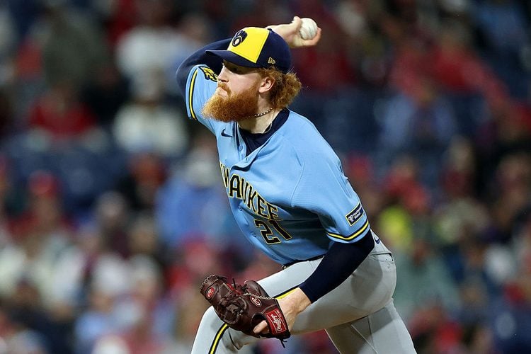 Dustin May throws a pitch at Citizens Bank Park in Philadelphia.