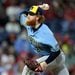 Dustin May throws a pitch at Citizens Bank Park in Philadelphia.