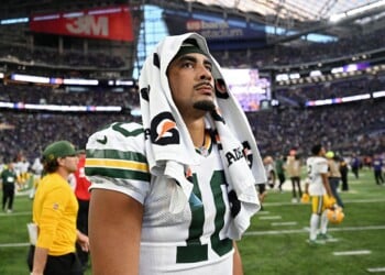 MINNEAPOLIS, MINNESOTA - SEPTEMBER 13: Jordan Love #10 of the Green Bay Packers looks on after losing to the Minnesota Vikings 39-22 at U.S. Bank Stadium on September 13, 2026 in Minneapolis, Minnesota. (Photo by Stephen Maturen/Getty Images)