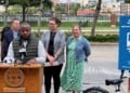 Mayor Cavalier Johnson and DPW launching MKE GO, a new program helping people in and around the Menomonee Valley explore transportation alternatives. (Neil Doyle/WTMJ)