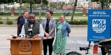Mayor Cavalier Johnson and DPW launching MKE GO, a new program helping people in and around the Menomonee Valley explore transportation alternatives. (Neil Doyle/WTMJ)