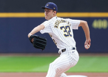 MILWAUKEE, WI - SEPTEMBER 27: Jacob Misiorowski #32 of the Milwaukee Brewers pitches during the game between the St. Louis Cardinals and the Milwaukee Brewers at American Family Field on Sunday, September 27, 2026 in Milwaukee, Wisconsin. (Photo by Kylie Bridenhagen/MLB Photos via Getty Images)