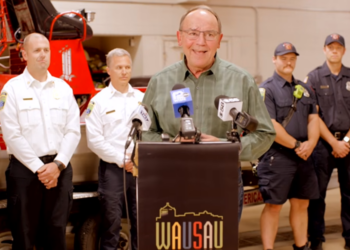 Republican gubernatorial candidate Tom Tiffany holds a press conference in Wausau on Sunday, Sept. 13 after the small plane he was traveling in made an emergency landing in Lake Wausau.