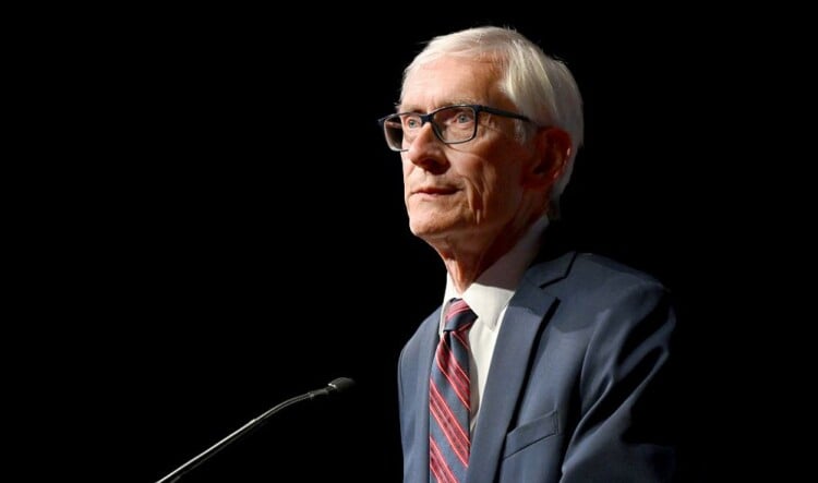 MADISON, WISCONSIN - JUNE 13: Governor of Wisconsin Tony Evers speaks on stage during Wisconsin Democrats 2026 Convention on June 13, 2026 in Madison, Wisconsin. (Photo by Daniel Boczarski/Getty Images for WisDems)