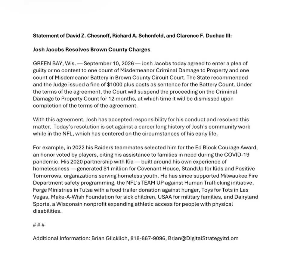 Statement of Josh Jacob's legal team following his plea agreement on September 10, 2026.