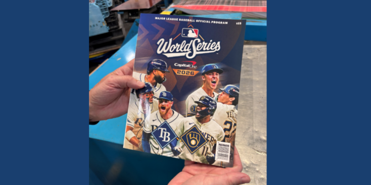 WTMJ receives an exclusive first look at the 2026 World Series program featuring the Milwaukee Brewers and Tampa Bay Rays printed at Quad's facility in Sussex, Wisconsin. October 20, 2026. Image Credit: Adam Roberts