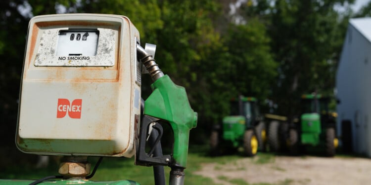 FILE - A diesel fuel tank is seen on a corn and soybean farm, Aug. 26, 2026, in Northfield, Minn. (AP Photo/Ellen Schmidt, File)