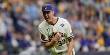 Milwaukee Brewers pitcher Jacob Misiorowski celebrates after the second inning of Game 1 of baseball's World Series, Friday, Oct. 23, 2026, in Milwaukee, between the Milwaukee Brewers and the Tampa Bay Rays. (AP Photo/Ashley Landis)