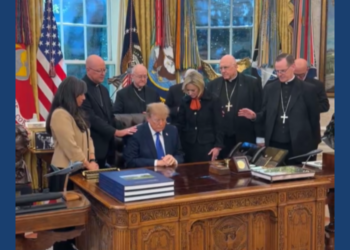 Archbishop Jeffrey Grob of the Archdiocese of Milwaukee seen with other Catholic leaders praying at the White House on October 22, 2026. Image courtesy of Margo Martin, Special Assistant to the President and Communications Advisor.