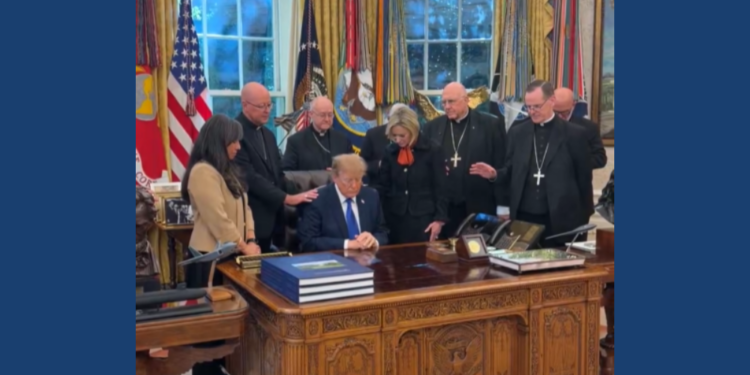 Archbishop Jeffrey Grob of the Archdiocese of Milwaukee seen with other Catholic leaders praying at the White House on October 22, 2026. Image courtesy of Margo Martin, Special Assistant to the President and Communications Advisor.