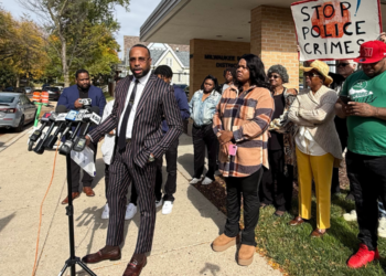 Attorney B'Ivory Lamarr speaking at a press conference on Oct. 14, 2026 after the violent arrest of 24-year-old Nicholas Beamon. Image credit: WTMJ