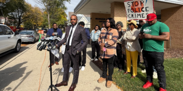Attorney B'Ivory Lamarr speaking at a press conference on Oct. 14, 2026 after the violent arrest of 24-year-old Nicholas Beamon. Image credit: WTMJ