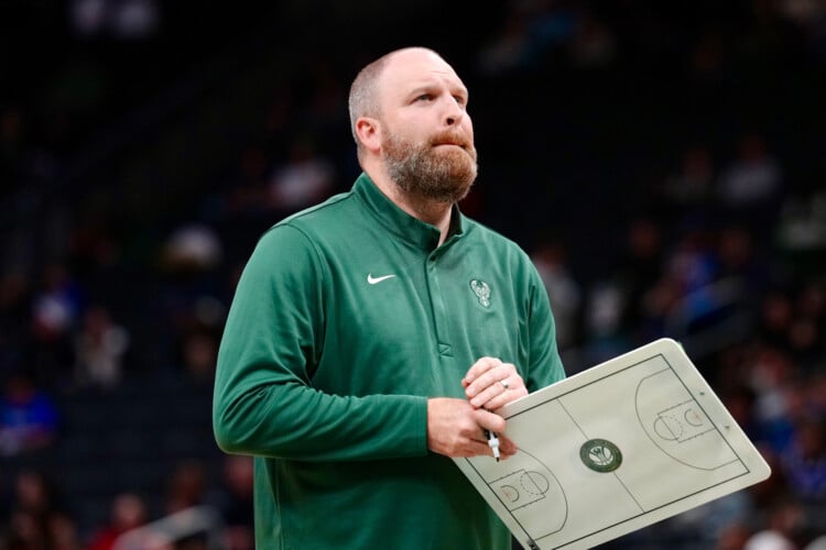 Milwaukee Bucks head coach Taylor Jenkins calls a timeout against the Chicago Bulls during the second half of an NBA preseason basketball game, Wednesday Oct. 14, 2026, in Milwaukee. (AP Photo/Ross Harried)