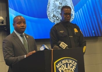 Mayor Cavalier Johnson and Milwaukee Police Chief Jeffrey Norman. (Neil Doyle/WTMJ)